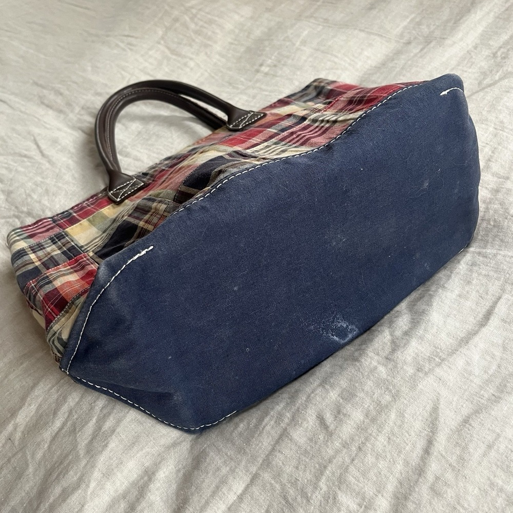Vintage L.L. Bean Plaid Patchwork Leather Handle Tote Canvas - Picture 3 of 9